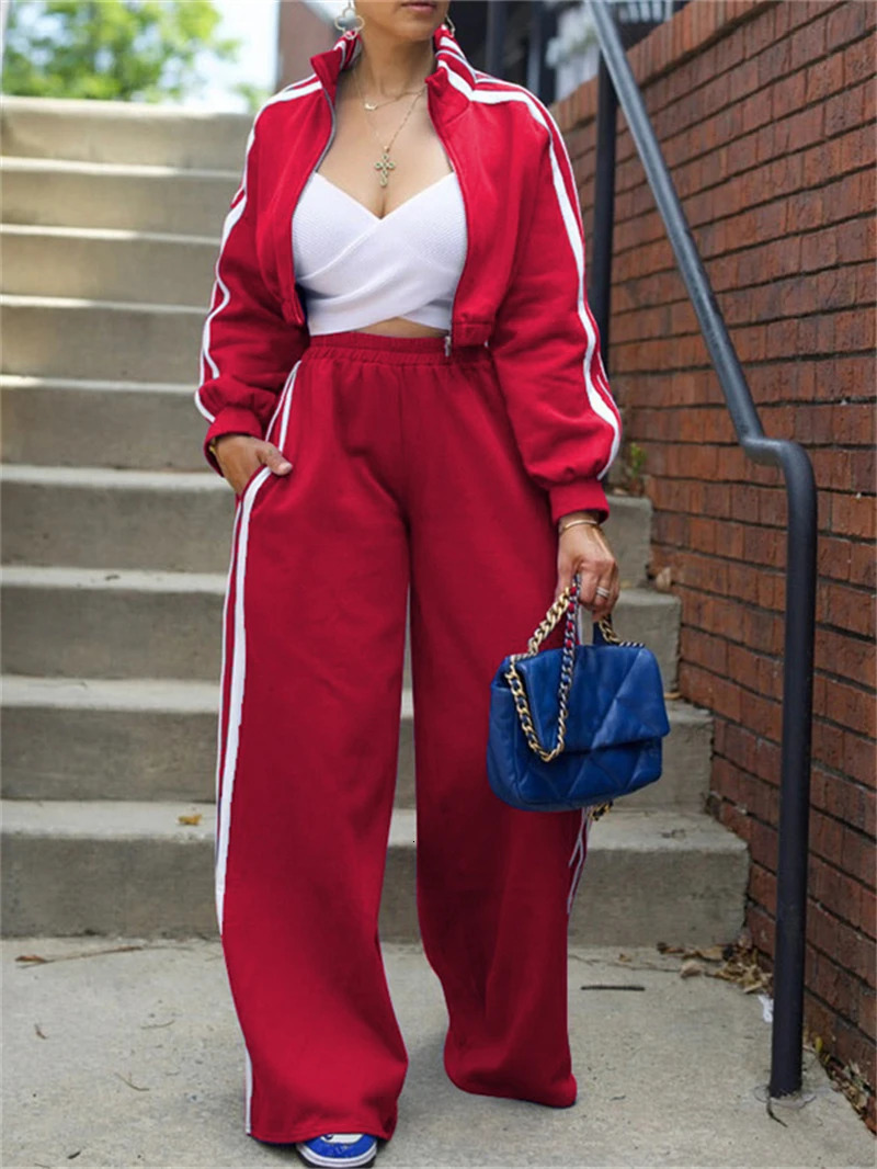 2 Piece Sets Women Outfit Fall Clothes Side Striped Zip Top Wide Leg Pant Casual Tracksuits Set Sweat Suit 241209