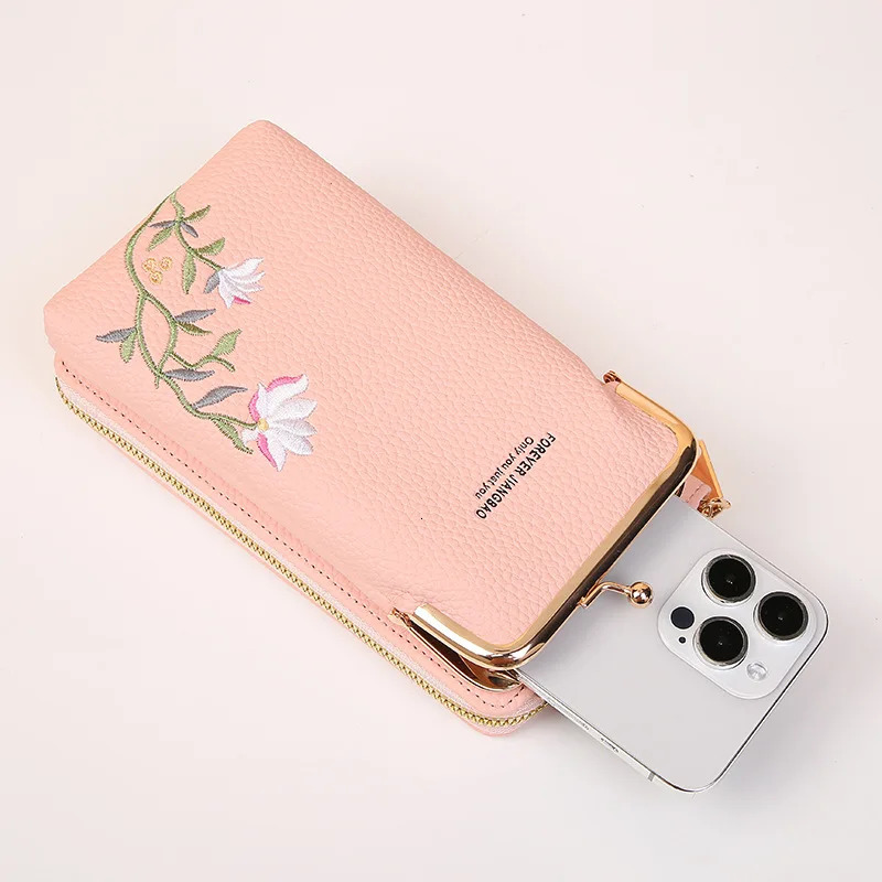 Womens long embroidered phone bag womens shoulder strap handbag cross body bag womens wallet coin wallet card holder 241213