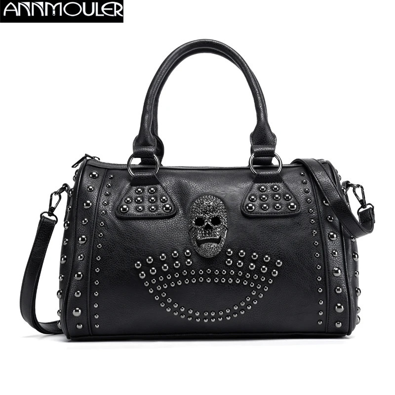 Annmouler Womens Bag Trend Large Capacity Boston Bag Black Skull Handbag Pu Leather Handbag Rivet Ten Font Wallet 241212