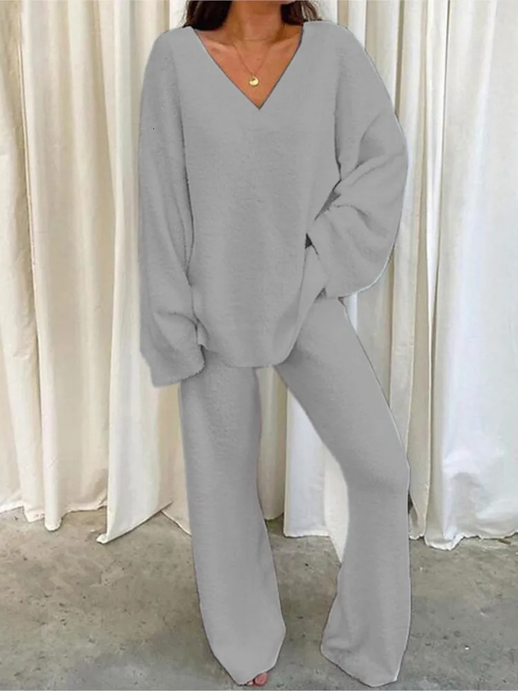 Winter Womens Comfortable Solid Color Sexy Vneck Casual Daily Home Warm Long Sleeved With Pocket Pants Twopiece Set 241203