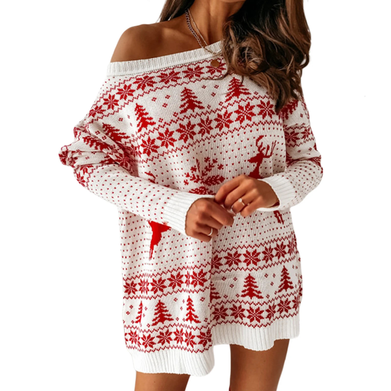 Christmas Sweater Dresses for Women Cute Pattern Xmas Pullover Knitted Long Sleeve Jumper Holiday Winter Mini Dress 241212
