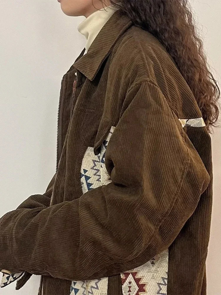 Women Jackets Geometric Contrast Color Leisure Fashion Versatile Retro Japanese Style Chic Streetwear Blocking Coats Warm Daily 241214