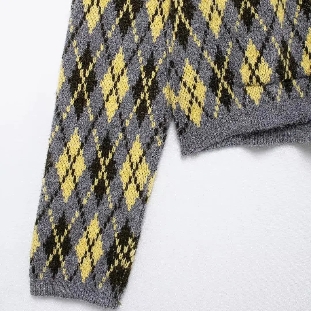 Womens Argyle Knitted Cardigans Short Sweater Autumn Fashion Casual Women Long Sleeve Knitwear Coat Outerwears 241214