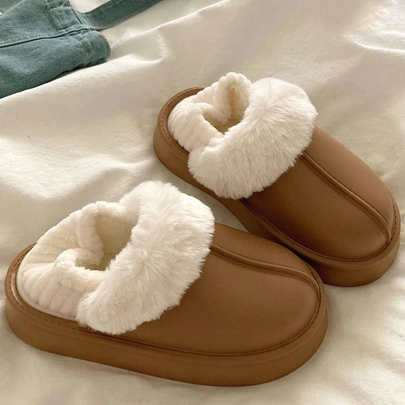 Crestar Winter Women Fuzzy Slippers Outdoor Waterproof Cotton Shoes Warm Fluffy Home Slides Detachable Plush 241214