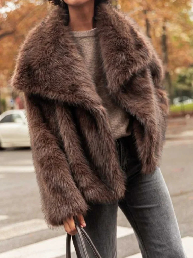 Brown Big Lapel Faux Fur Fury Womens Coats Fluffy Long Sleeved Thick Warm Jackets Winter Lady Casual Street Outwear 241211