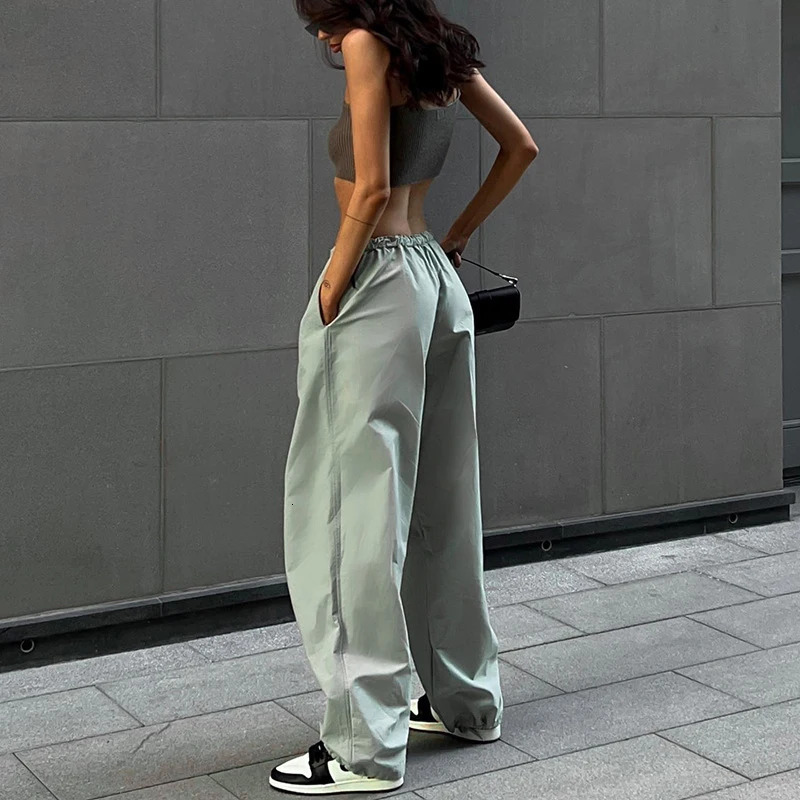 Y2k commodity womens drawstring pants low waist sports retro loose long legs mens oversized parachute jogging 241212