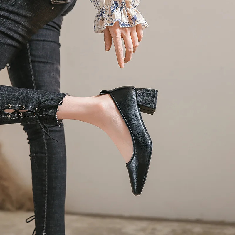 Womens Spring Elegant Square Toes Shallow Casual Walking Mary Jens Female Black er 4CM High Heels Fetish Girls Work Shoes 241213