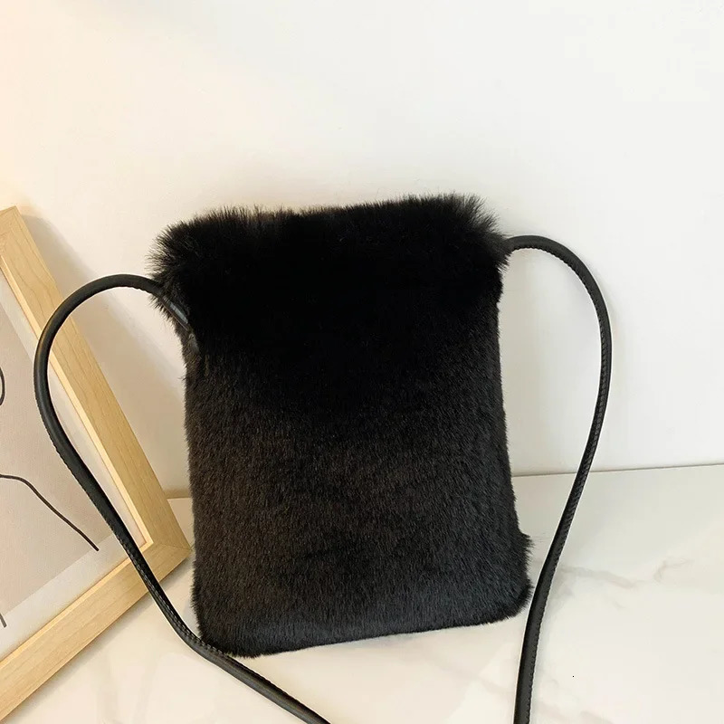 Autumn and Winter Womens Bag Niche Simple and Cute Plush Bag One Shoulder Cross Body Rabbit Hair Makeup Phone Bag 241213