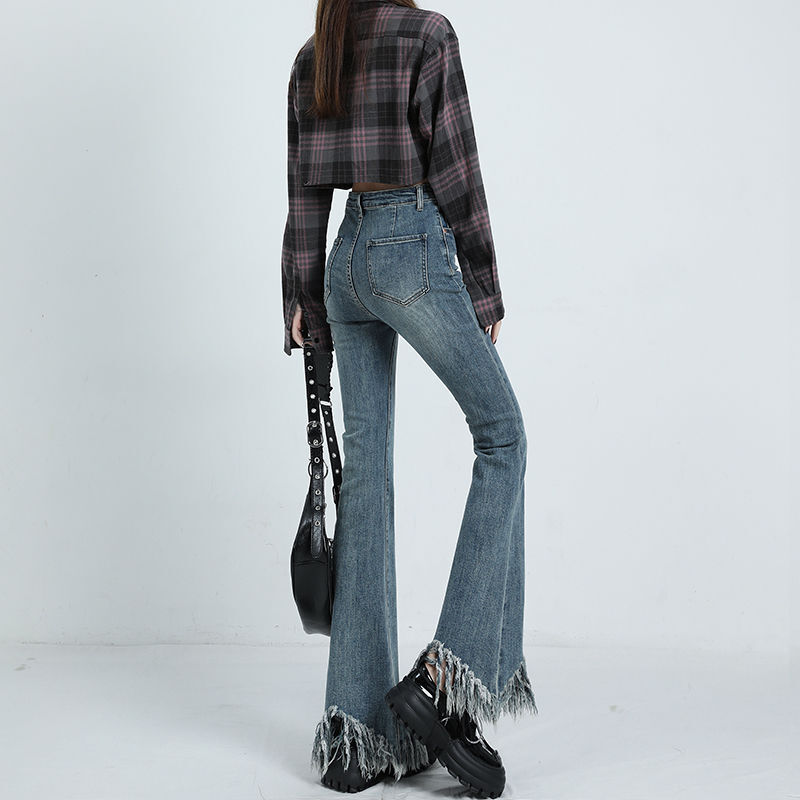 Retro Blue High Waisted Fringed Micro Flared Jeans for Women's New Style with a S Edge Design That Makes Them Look Slimmer