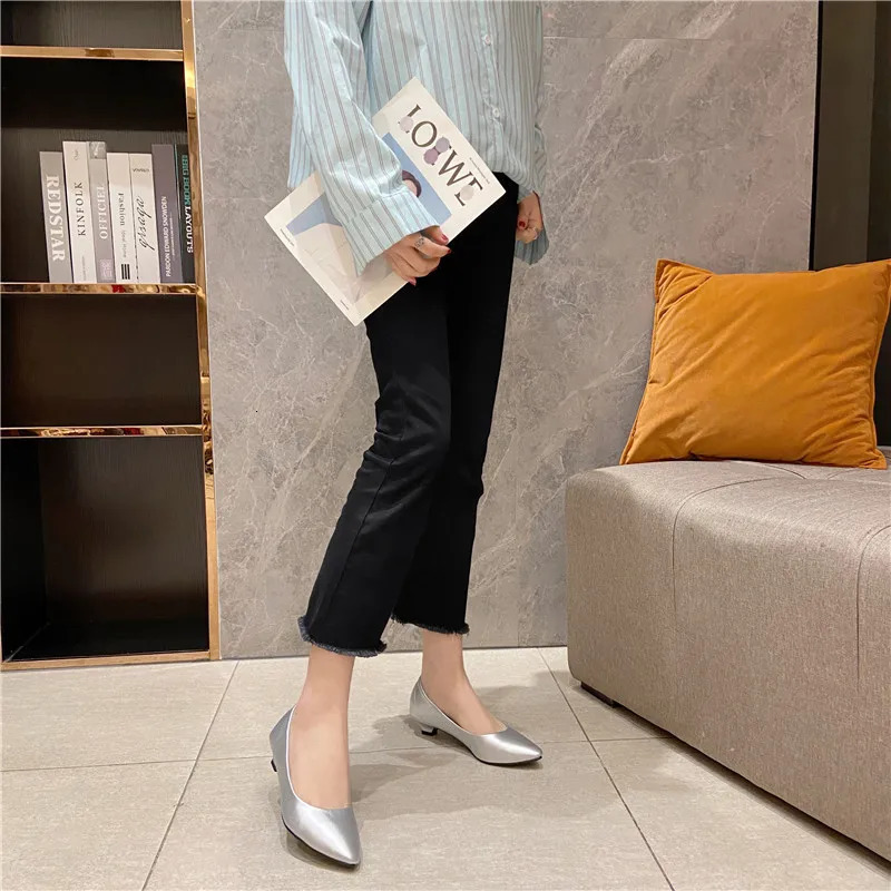 Spring Low Heel Womens Shoes Pu Leather Solid Color Silver Shoes Gold Low Wheels 3.0cm Size 35-41 Pointed Toe Comfortable 241213