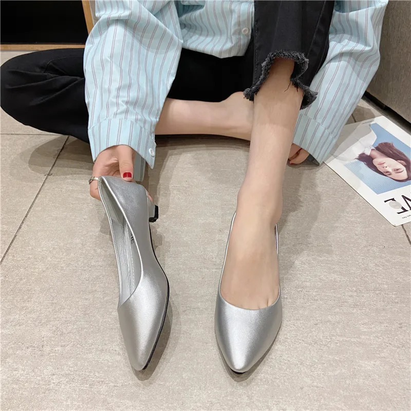 Spring Low Heel Womens Shoes Pu Leather Solid Color Silver Shoes Gold Low Wheels 3.0cm Size 35-41 Pointed Toe Comfortable 241213