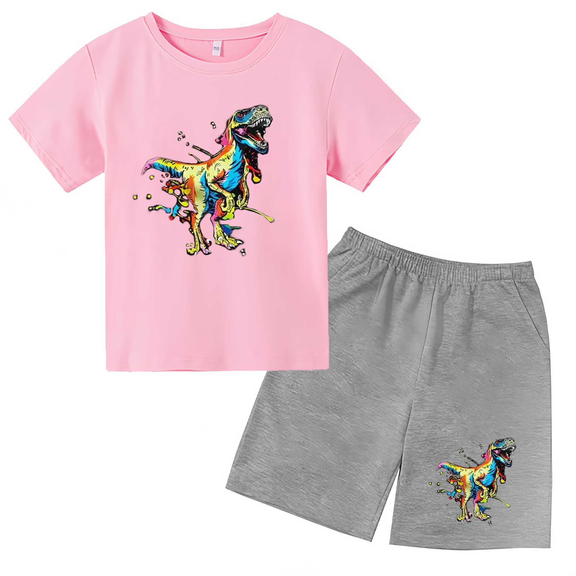 Clothing Sets 2024 New Graffiti Art Series Colorful Dinosaur Pattern Design Printed Boys Girls T-shirts+pants 2PCS Suits Chilren Clothes Sets H241214