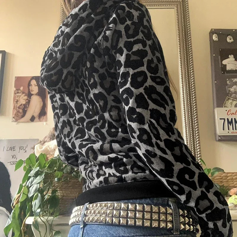 Y2K Leopard Print Velvet Hoodie Grunge Loose Zipper Hoodie Comparison Stickers Work Cardigan Retro Warm Coat 241214