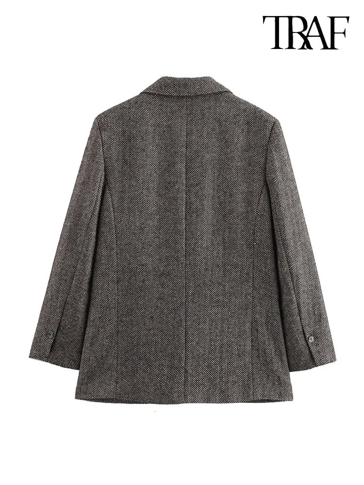TRAF Womens Herringbone tweed blazer Europe and the United States wind grey fashion loose jacket Elegant womens clothing 241209