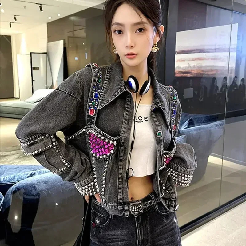 Short crop gray inlaid with stones spring autumn rhinestone bicycle womens jeans jacket small womens denim jacket diamond trading 241209