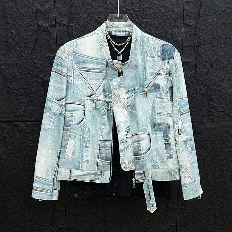 mens casual denim jacket Korean version cotton print lapel short sequin jacket 241209