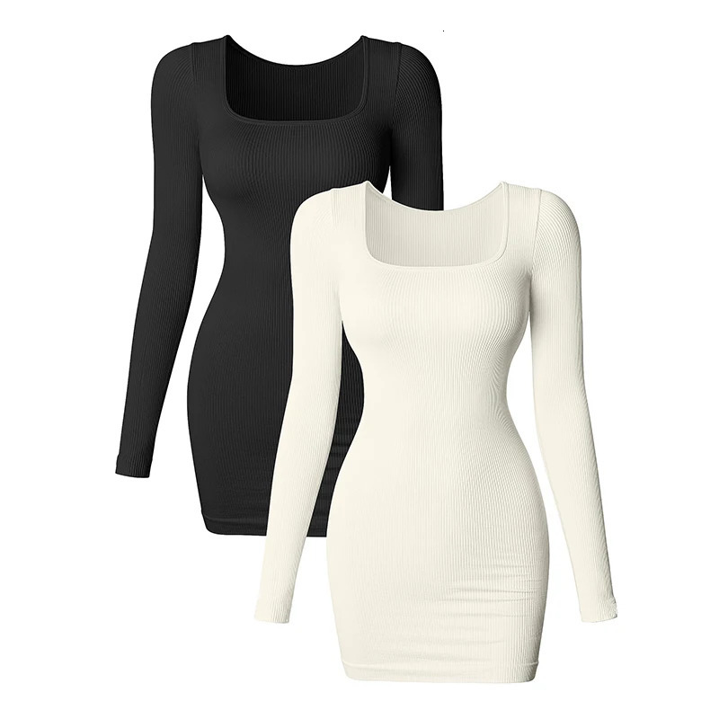 Womens Dress Sexy Ribbed Long Sleeves Square Neck Top Mini Bodycon Solid Color Knitted Hip Skirt 241212