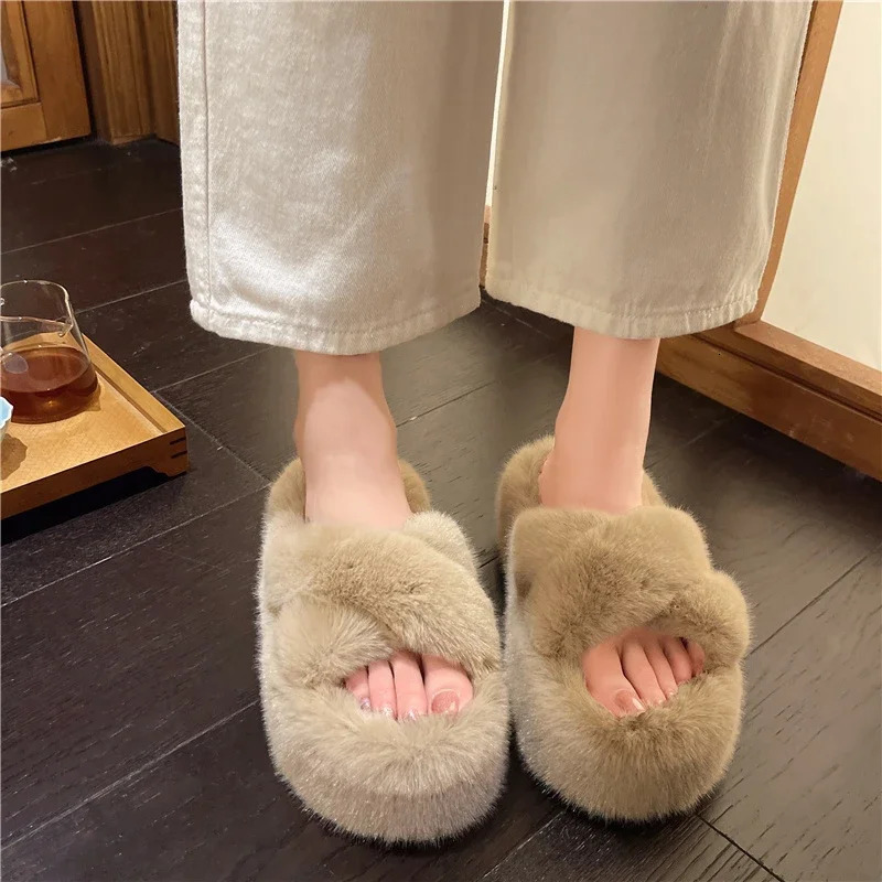Chunky Platform Fur Slippers Women Autumn Thick Bottom Furry Outdoor Woman Short Plush ner Shoes 241214
