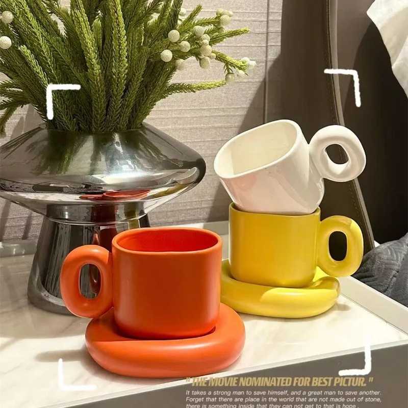 Creative Solid Color Ceramic Coffee Cup Thick Saucer Afternoon Tea Dessert Tea Cup Breakfast Bread Milk g Couple Gift g He Y241214