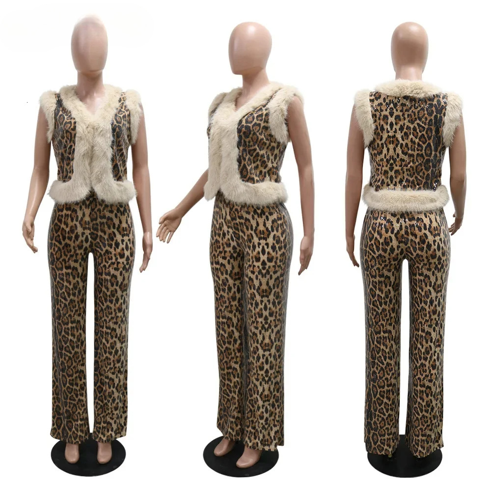 Women's Sleeveless Fur Leopard Sequined V-Neck Wool Vest And Pant Suits Street Two 2 Piece Set Outfit Tracksuit