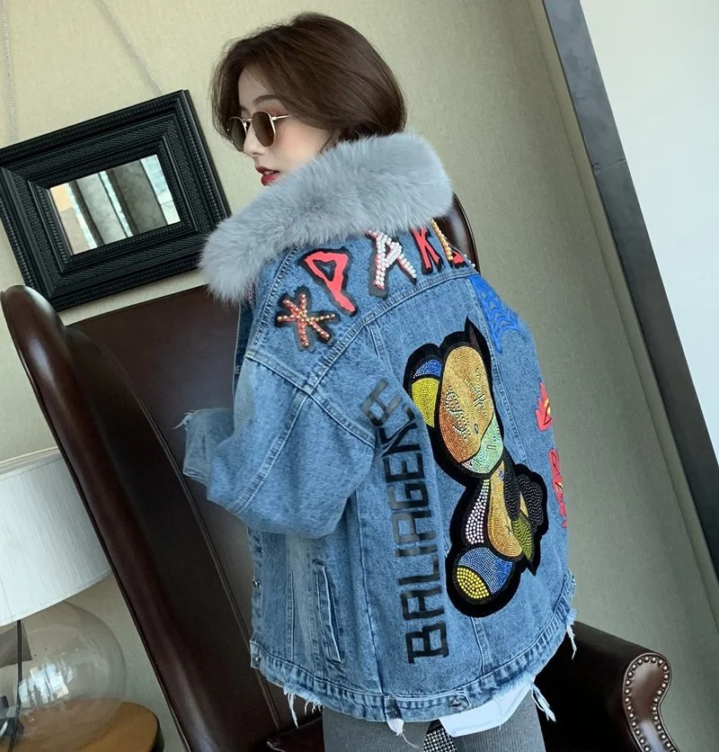 Warm winter wool lining faux fur collar denim jacket for women loose fit Jean Coats graphic diamond print casual jacket top 241210