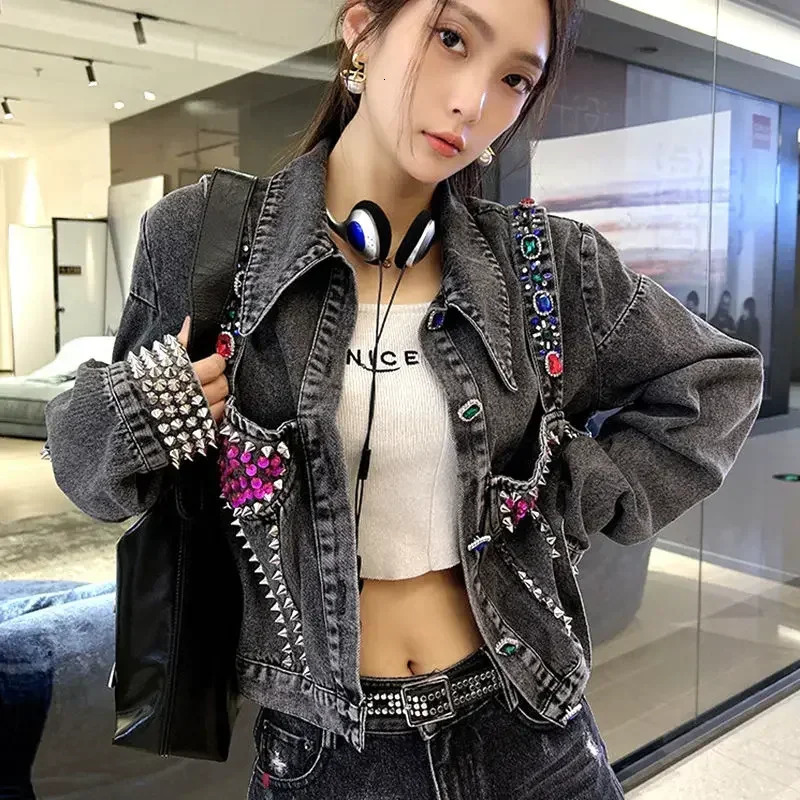 Short crop gray inlaid with stones spring autumn rhinestone bicycle womens jeans jacket small womens denim jacket diamond trading 241209