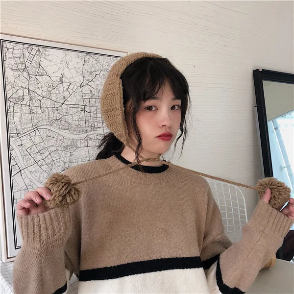 Ins Cute Tidal Knit Ear Bag Soft sisters with Earmuffs Autumn and Winter Earmuffs Warm and Velvet Earmuffs Women Retro 241211