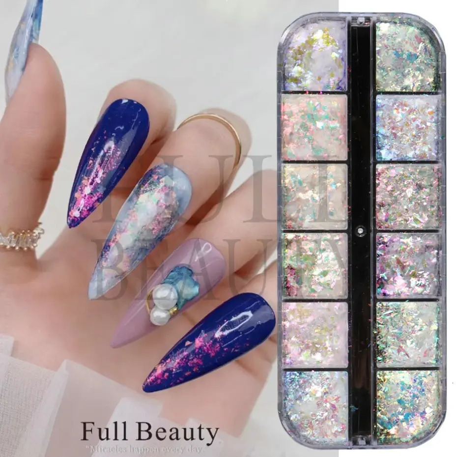 12 grid iris nail aurora glitter crystal flame slice holographic sequin charm gel polish ergonomic 241213