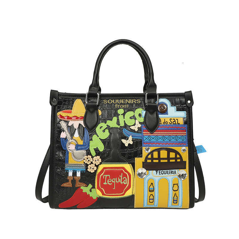 Large capacity handbag with female niche design, Mexican style adhesive fabric embroidery graffiti single shoulder crossbody bag, 2024 new casual vers