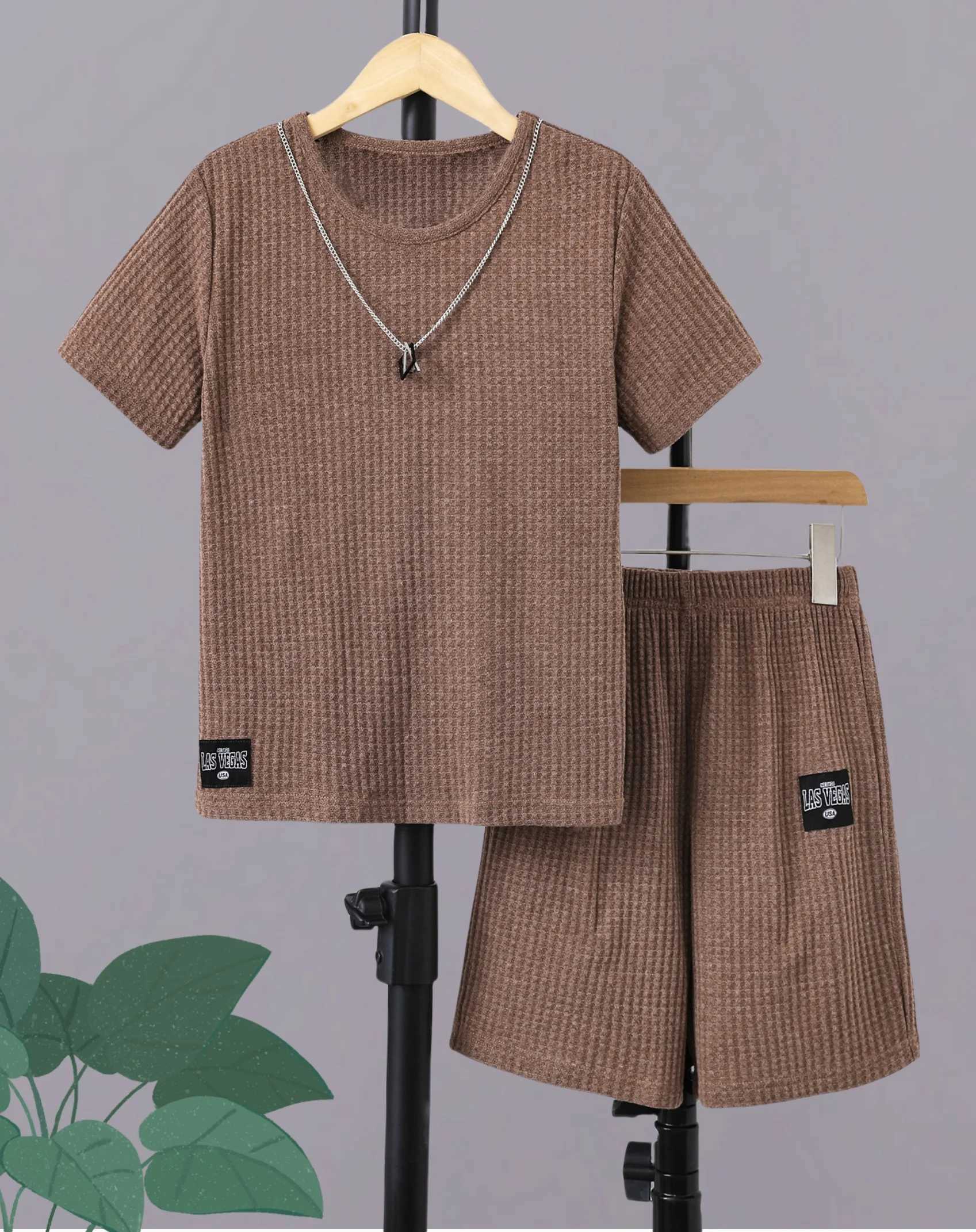 Clothing Sets Fashion trend Summer boys short-sleeved T-shirt blazer elastic waist brown casual comfortable breathable shorts two-piece set H241214