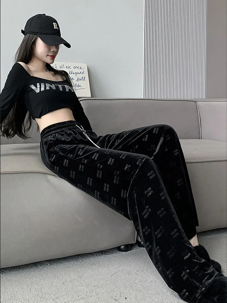 Velour High Waisted Pants Woman Print Wide Leg Belted Comfortable Elastic Waist Black Autumn Winter 2024 Fashion Clothing 241212