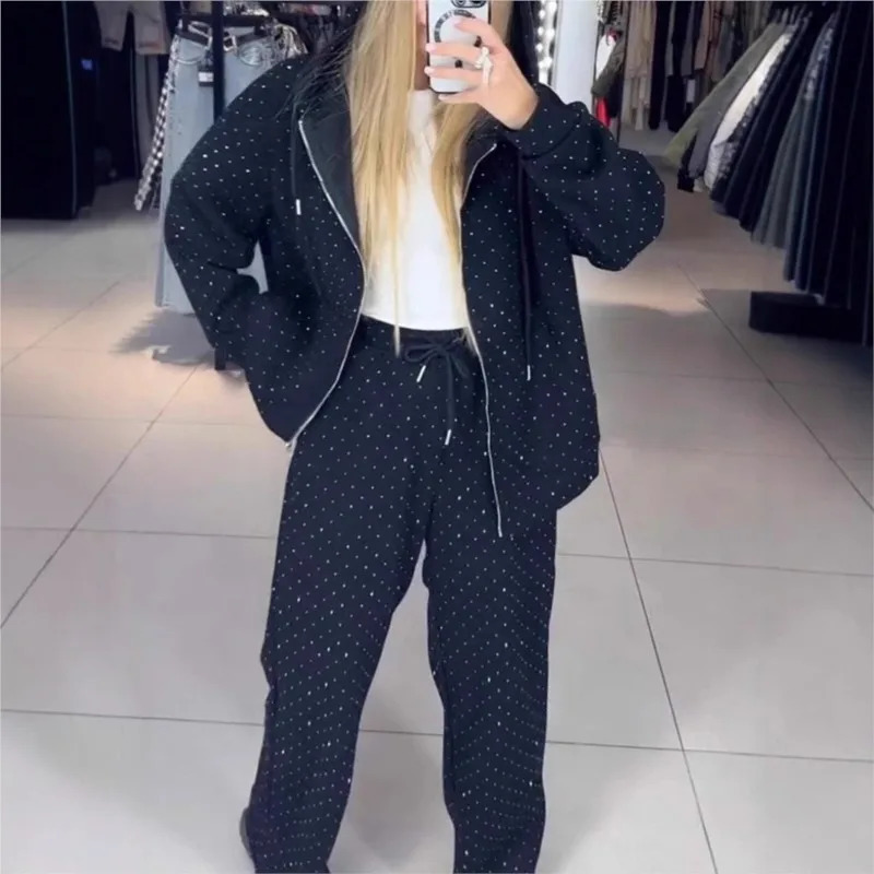 Fall Winter Rhinestone Diamonds Hooded Sweatshirt Two Piece Set Women Tracksuits Coat Drawstring Pants Retro Loose Sport Suit 241209