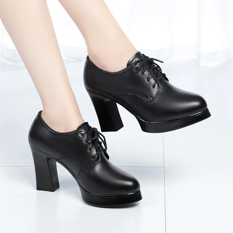 AIYUQI Women Spring Shoes High Heel Genuine Leather Ladies Shoes Thick Heel Platform Pumps Fashion Dress Shoes Women