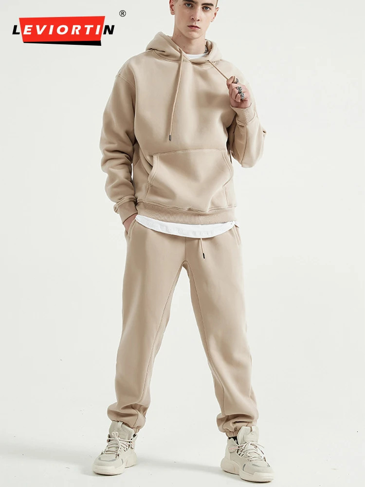 Autumn Winter Two Piece Set Men and Women Casual Fleece Warm Solid Oversized Hooded Tracksuit Long Sleeve Sport Hoodie Suit 241211