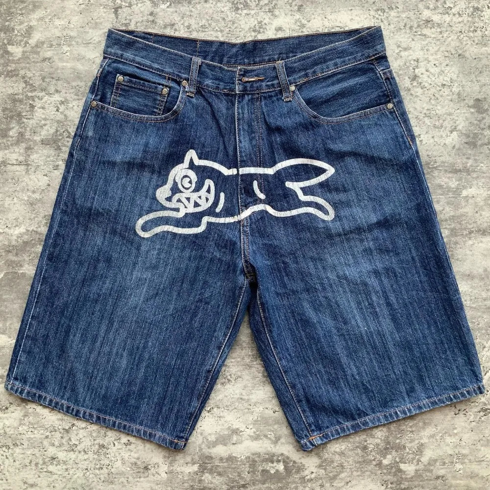 Retro Harajuku Hiphop Puppy Loose Denim Shorts Y2K Summer Gothic Basketball for Men and Women To Wear on The Street 241211
