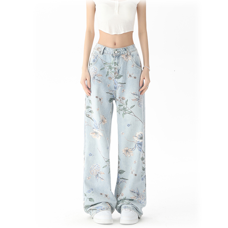 Vintage ral Print Waist High Street Blue Straight Jeans Pants Korean Fashion Women's Wide Leg Baggy Denim Trouser Y2K