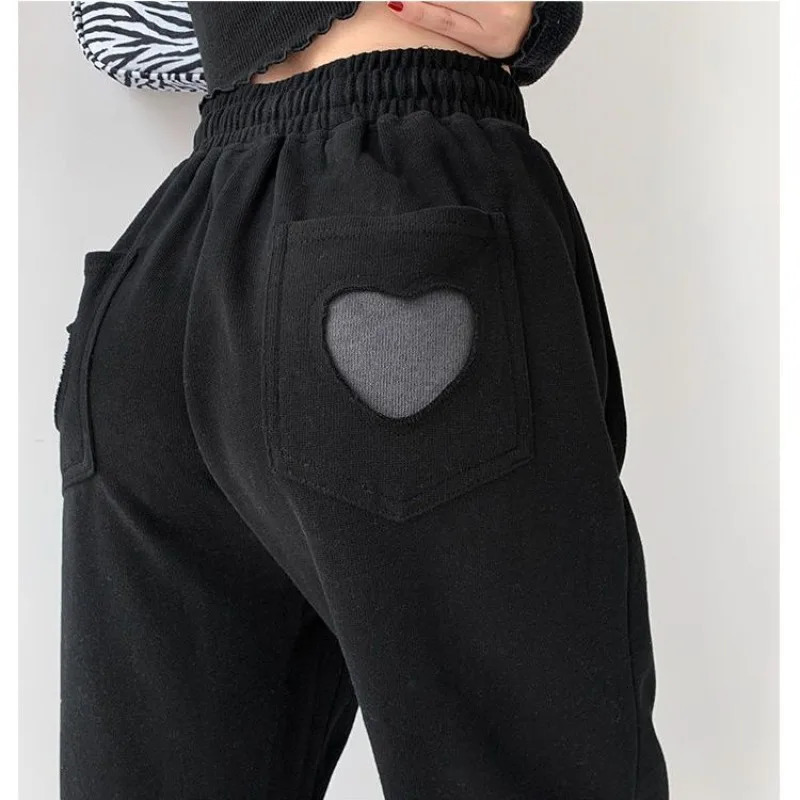 Womens Spring/Summer Korean Loose Solid Color Panel Pocket Printed Casual Sports Elastic High Waist Straight Pants 241214