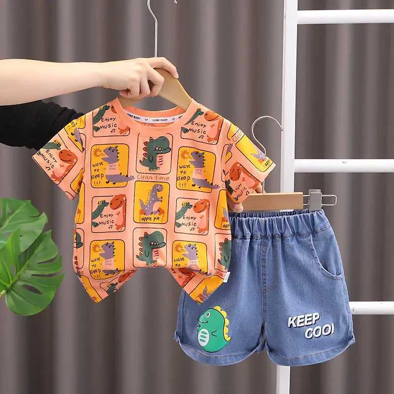 Clothing Sets Summer Children Kids Boys Girls Colorful T-Shirt Denim Shorts 2pcs/Set Toddler Fashion Clothing Kids Tracksuit 0-5 Years H241214