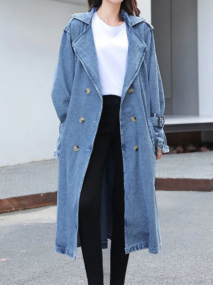 Fitaylors spring and autumn womens fashionable denim collar jacket double chest lace long retro solid color 241211