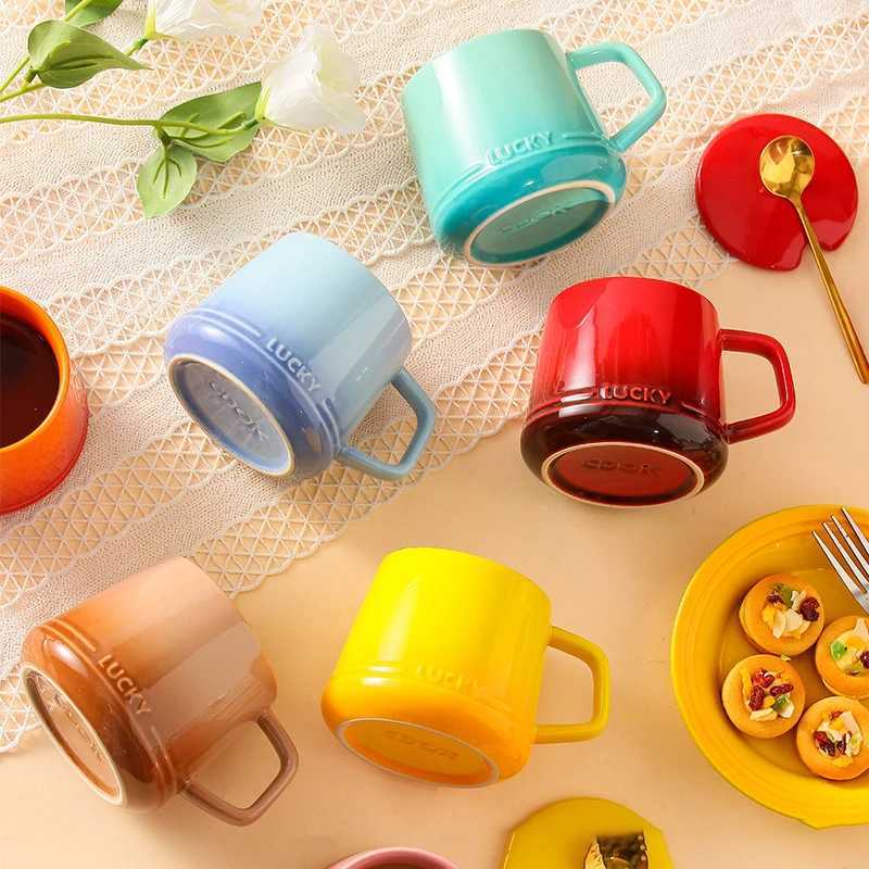 350ml French gradient ceramic creative home cup with lid spoon coffee cup large capacity couple beverage cup Y241214