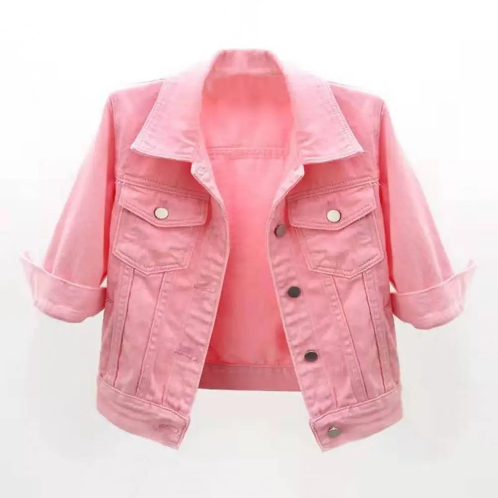 Womens denim jacket candy color half sleeve button single breasted womens summer 241211