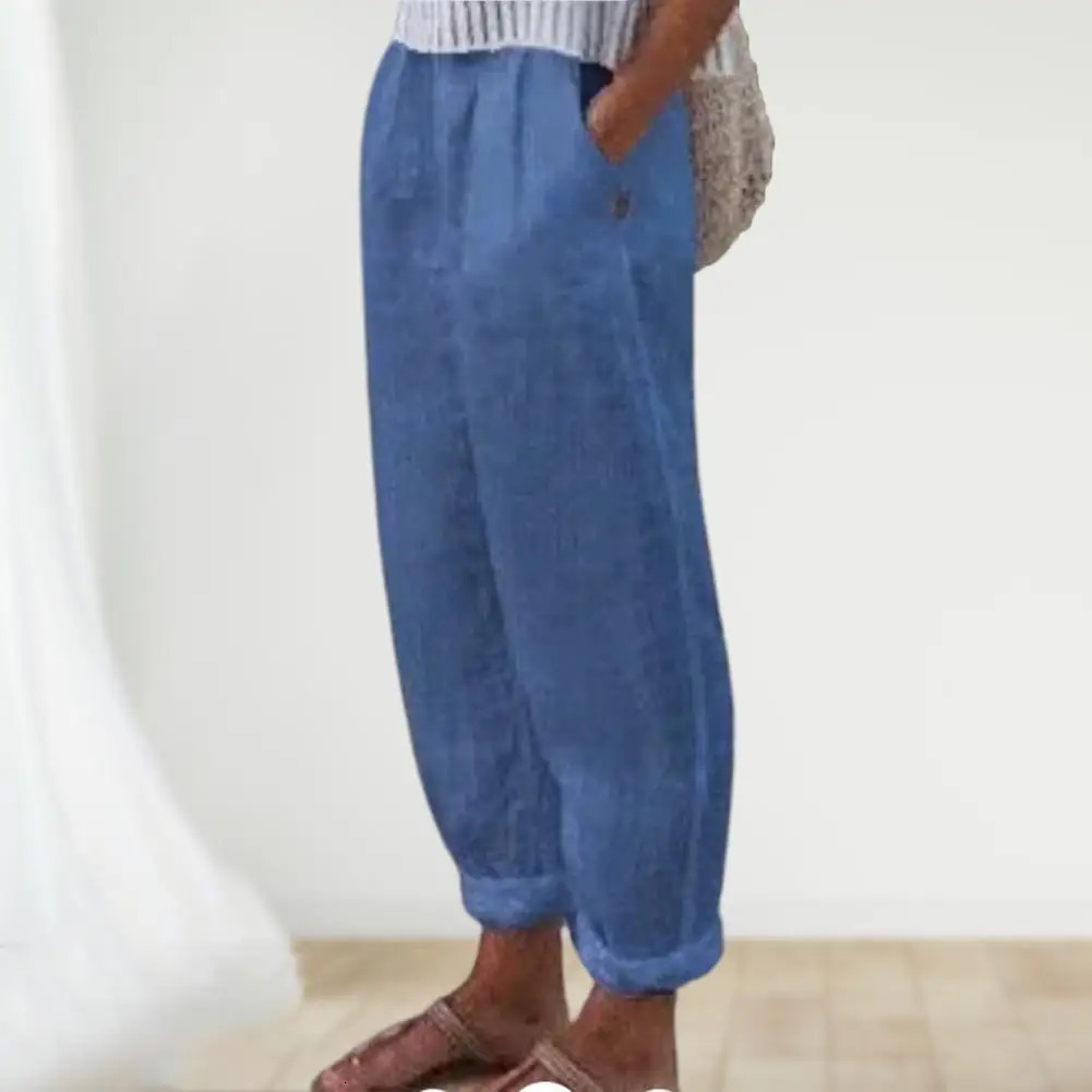 Cotton Flax Women Harem Pants Solid Color Pockets Summer Elastic Waist Baggy Pure Sweatpants Elegant Casual 241212