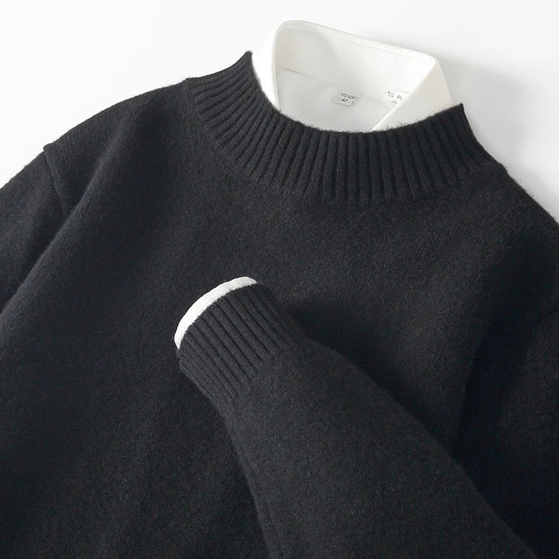 WOTEEWS 100% pure wool mens semi high neck sweater loose knit business casual long sleeved pullover product 241209