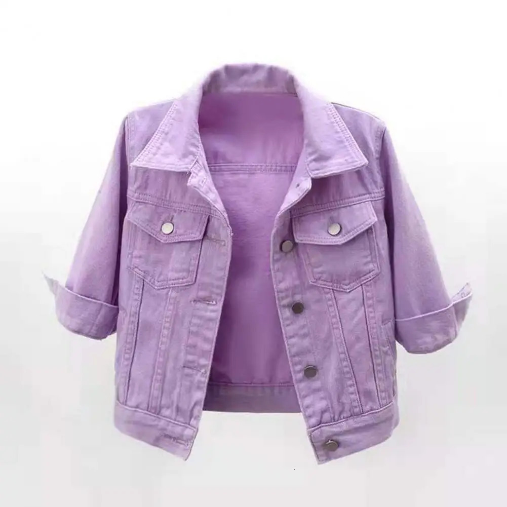 Womens denim jacket candy color half sleeve button single breasted womens summer 241211