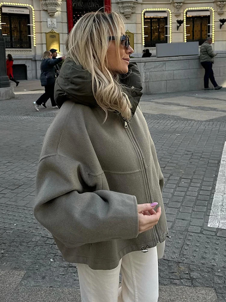Contrast Zipper Hat Womens Jacket Full Set of Wool Womens Coat Autumn Winter Fashion Loose Street Womens Coat 241214