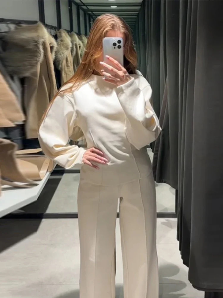 Elegant Solid Top Pants Sets Women Two Piece Sets O-Neck Long Sleeve Pullover Wide Leg Trousers Set Casual Office Outfit 241214