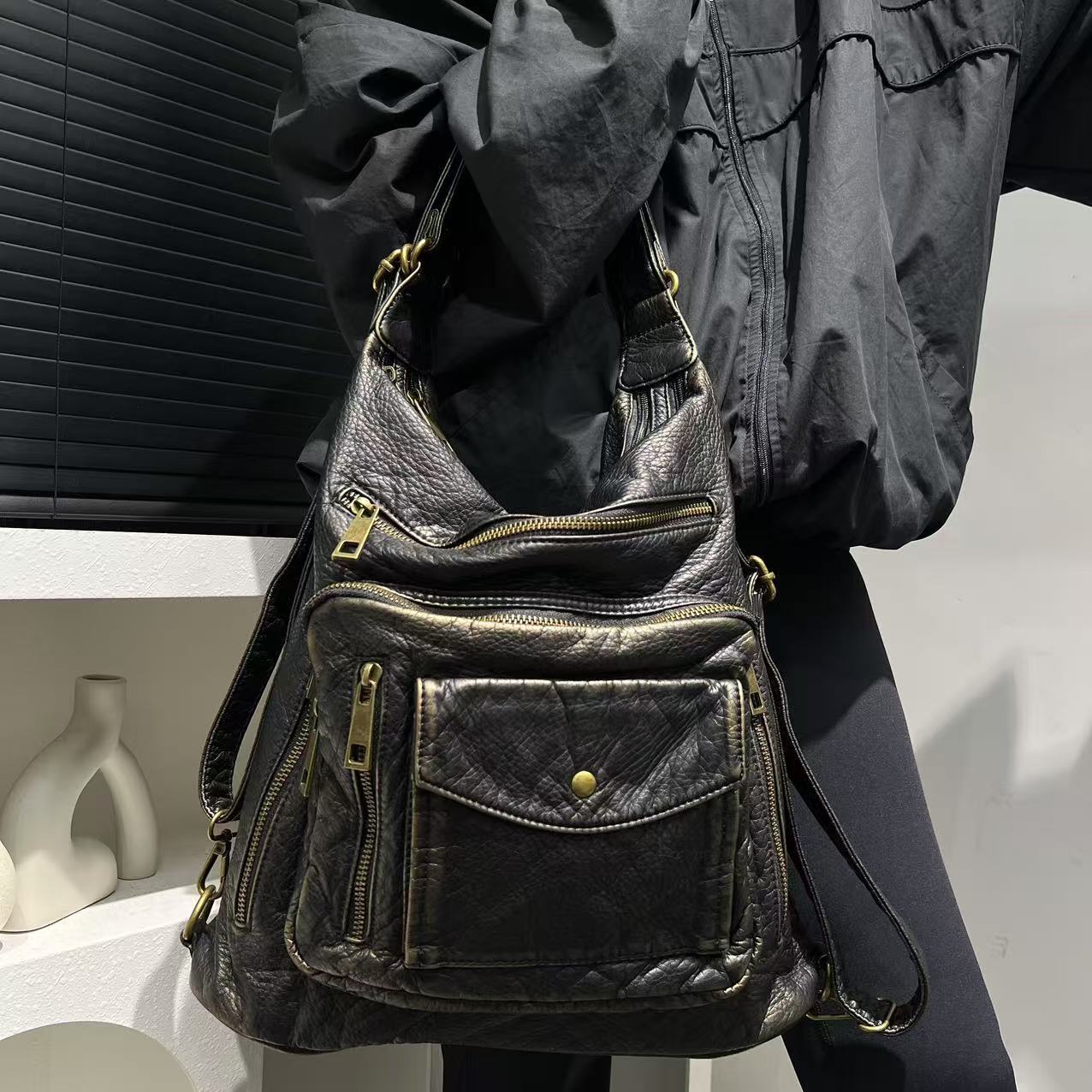 TEMU Women's Fashion Y2k Washed Used Hot Girl Motorcycle Tote Multi Functional Shoulder Bag