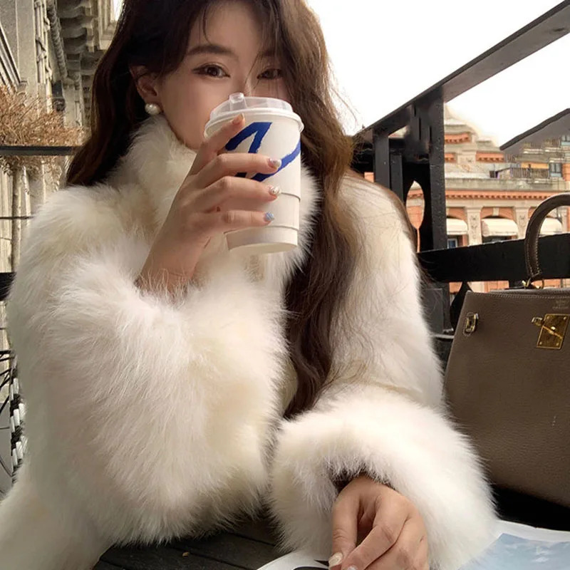 Biyaby Winter Fashion Faux Raccoon Fur Coats Woman High Quali Korean Half Collar Long Sleeve Fluffy Crop Top Women 241211