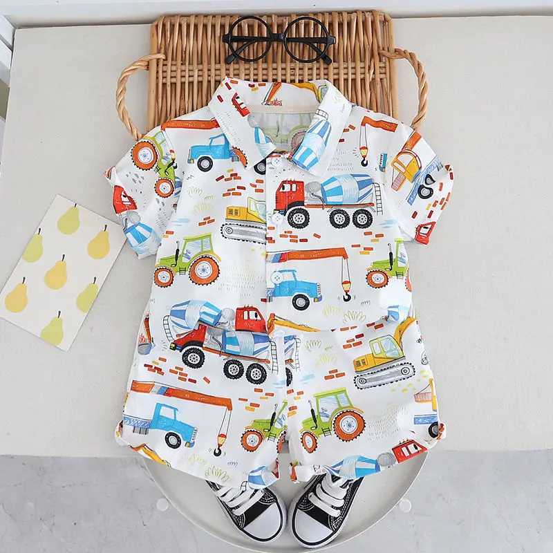 Clothing Sets Summer Casual Clothes Suit Kids Boys Girls Full Printe Car Digging Machine T-Shirt Short Pants 2pcs/sets Infant Outwear H241214