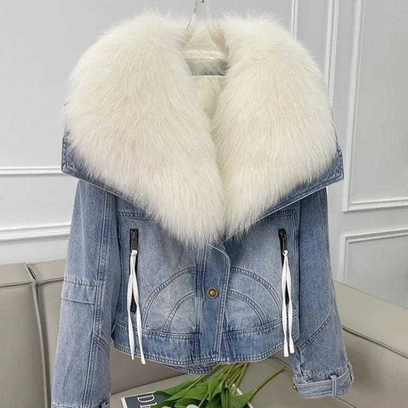 Winter Thick Short Denim Jacket Fashion Park Jeans Jacket Fur Coat Detachable Fur Collar Cotton Jacket 241210